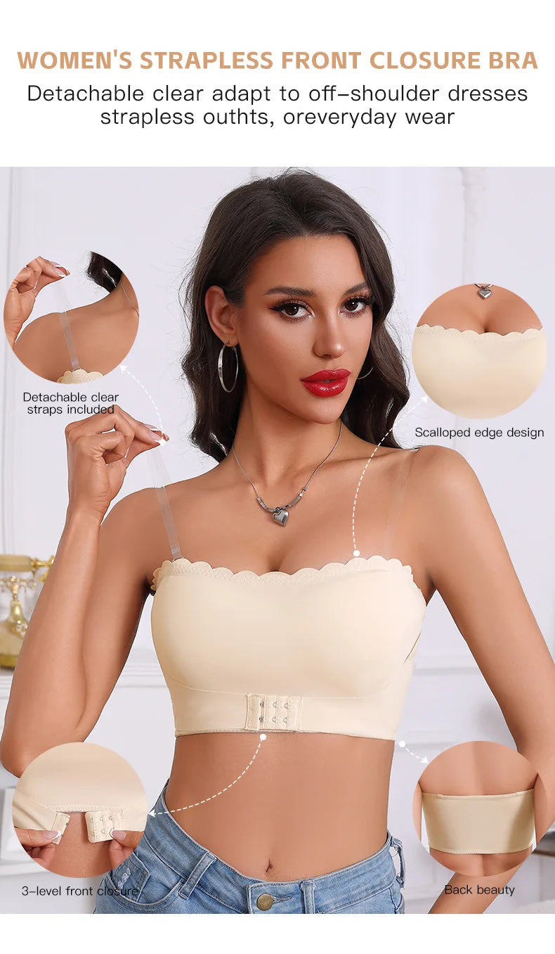 Women's Strapless Front Closure Bra Wireless Bandeau Non-slip Underwear Wavy Edge Chest Wraps Padded Push Up Tube Top Bralette