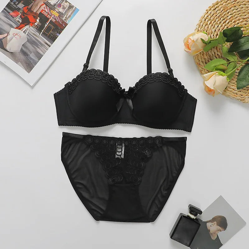Women's Embroidered Lace Lingerie Set Sexy Push Up Bra with Underwire Bowknot Design Matching Panty Stylish Intimates for Girls