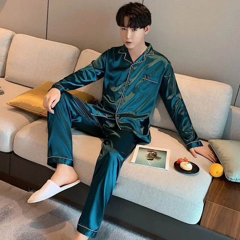 High Quality Men's Casual Pajama Sets Fashion Satin Long Sleeve Lapel Tops and Pants Homewaer Suit Men Comfort Lounge Sleepwear