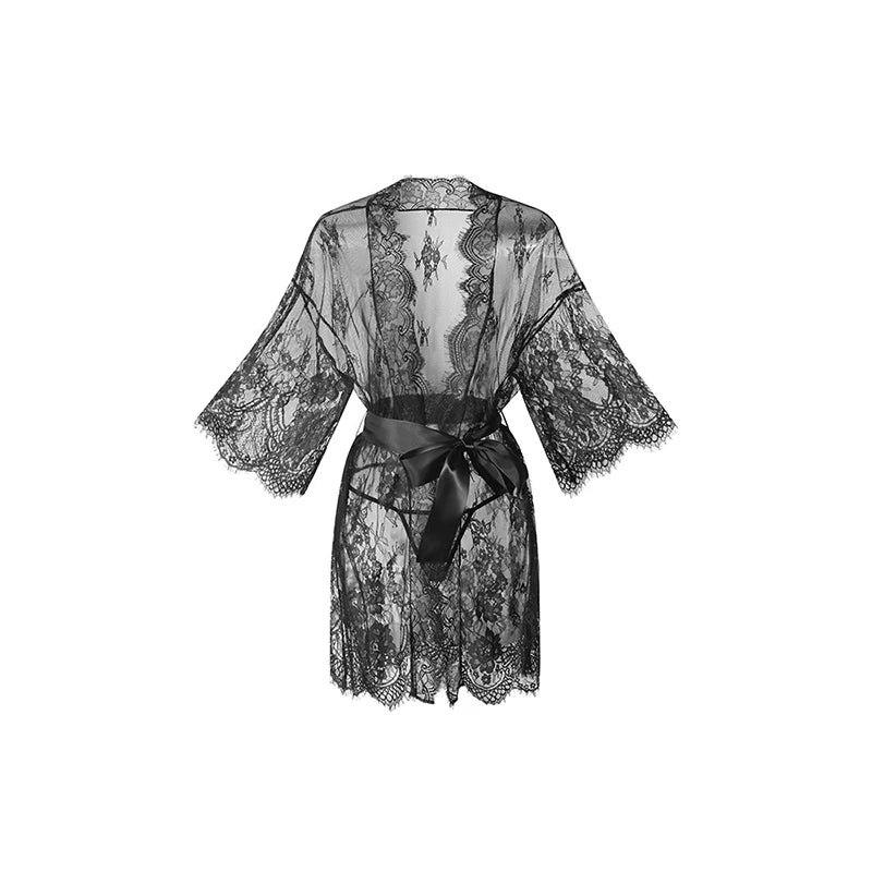 Lace Sleepwear Dress Robe Kimono Women Sexy Lingerie Transparent V-Neck Nightwear Babydoll Erotic Robe G-string Costume