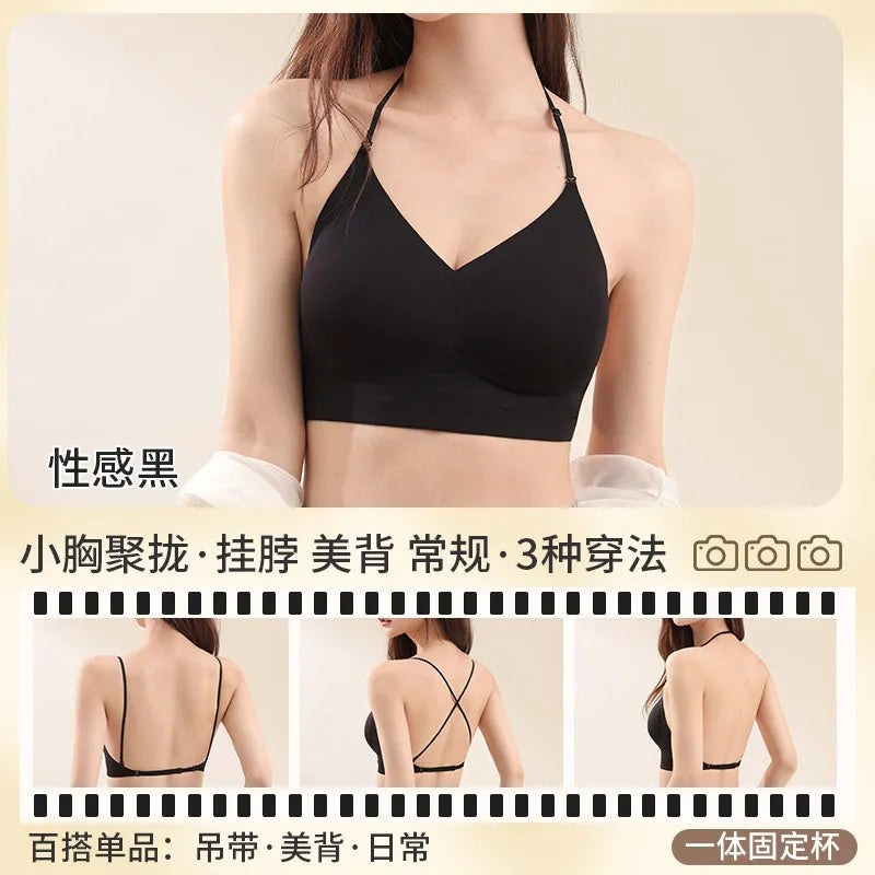 YUQI Push Up Backless Halter Bra Multiway - Seamless U Plunge Cross Front Padded Bra for Small Breast Enhancement ,Sexy Wireless