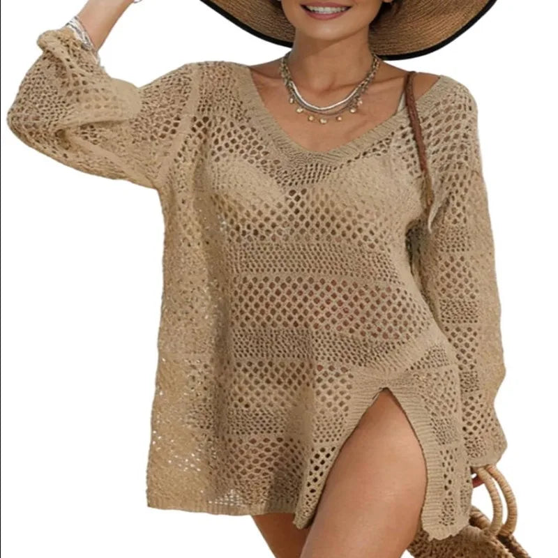 Women'S Swimsuit Cover Up Crochet Bathing Suit Mesh Swimwear Knit Pullover Beach Dress