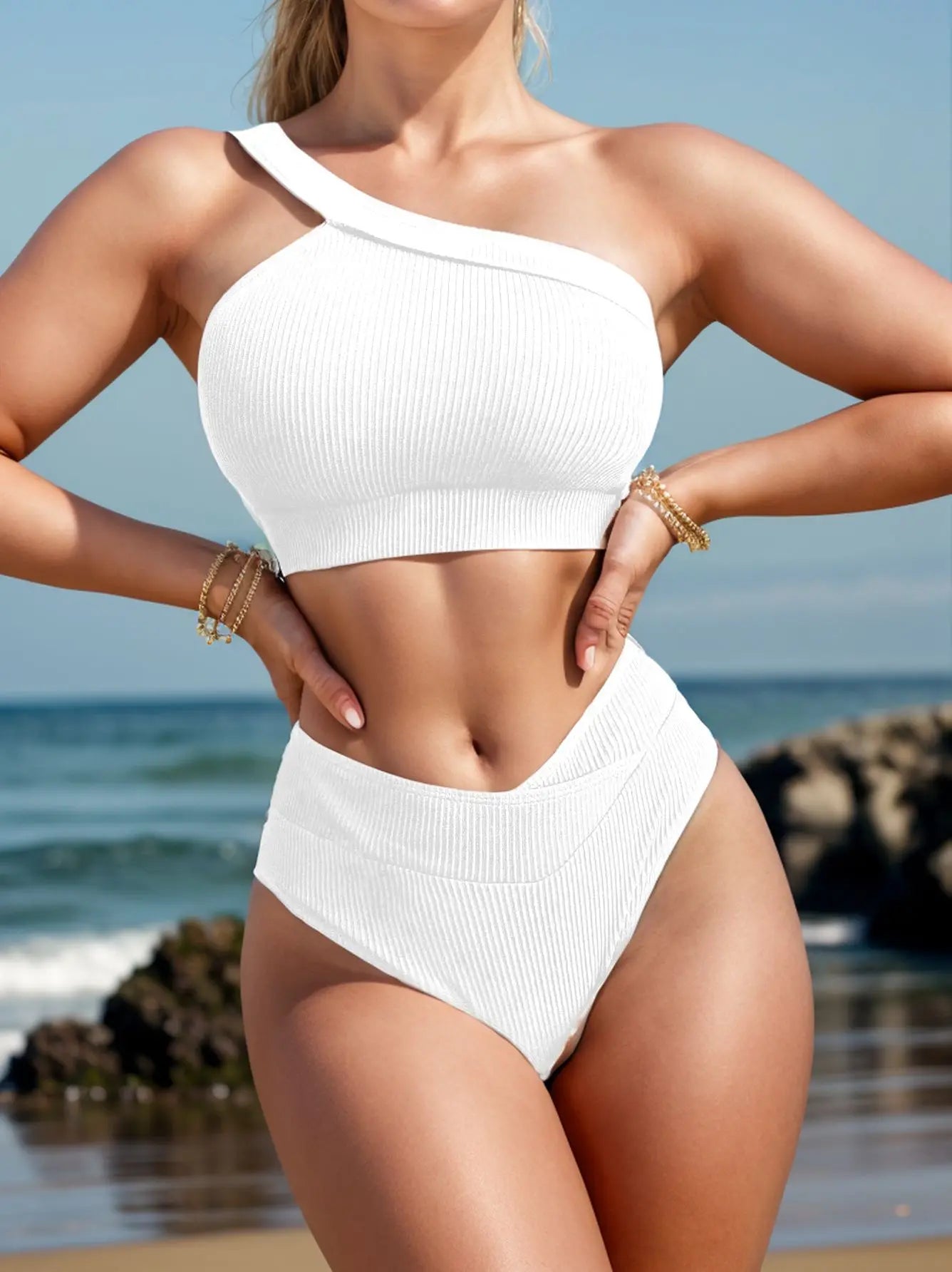 Ribbed Knit One Shoulder Bikini Asymmetrical Strap Crop Top V‑Shaped High Waisted Bottom Two‑Piece Swimsuit Women Tummy Control