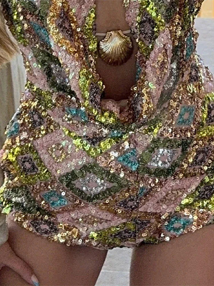 Sexy Sequin Halter Vest Shorts Women 2 Piece Sets Women Sleeveless Backless Vest Hip Package Short Pant 2026 Summer Lady Set ﻿