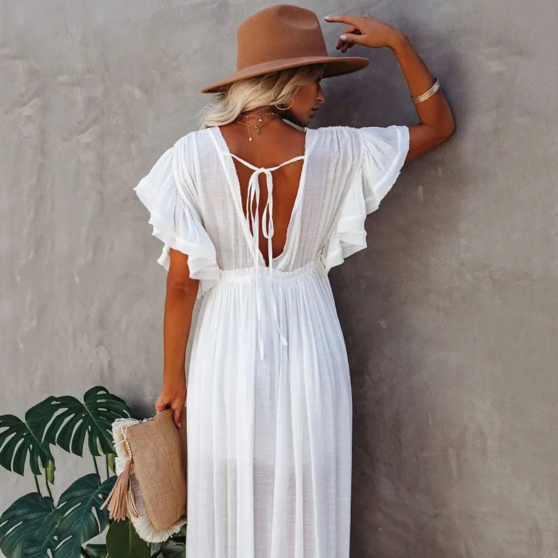 Women's Beach Cover Ups Button Down Sunscreen Bikini Swimwears Vacation Bamboo Maxi Sundress Oversized Bathing Suit Cover Ups