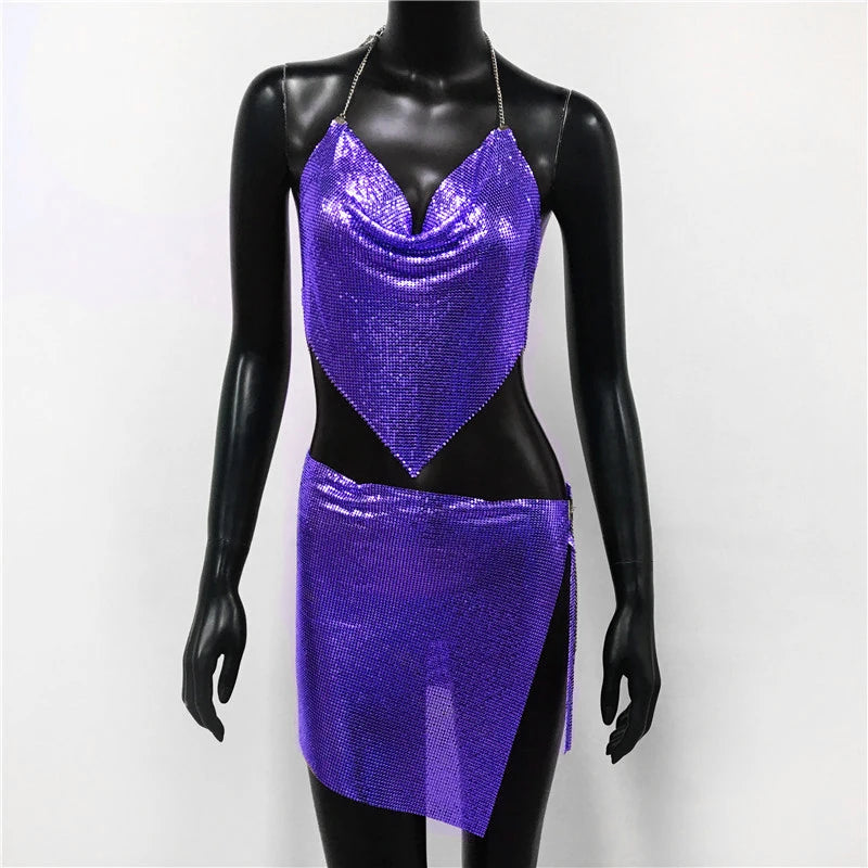 Sexy Metal Sequins 2 Piece Set Women Sleeveless Deep V Neck Backless Halter Tank Tops Split Mini Skirts Beach Party Outfits