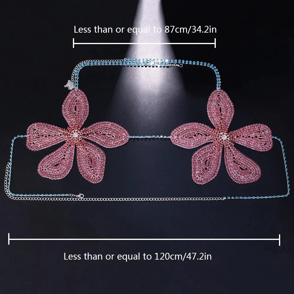 2024 Festival Pink Flower Bra Chain Harness Chest Accessories Rave Bikini Tops Large Crystal Body Chain Lingerie for Women