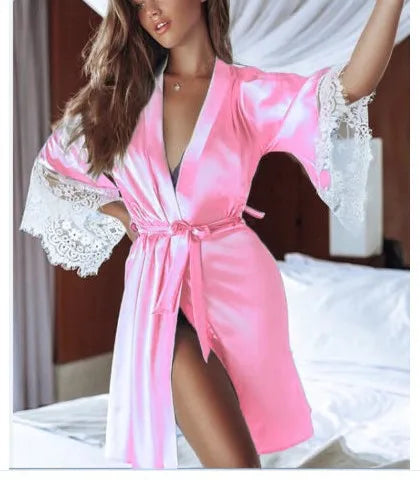 Female Sexy Lingerie Silky Satin Sleepwear Women Night Gown Robe with G String Floral Lace Bathrobe Halt Sleeve Nightdress