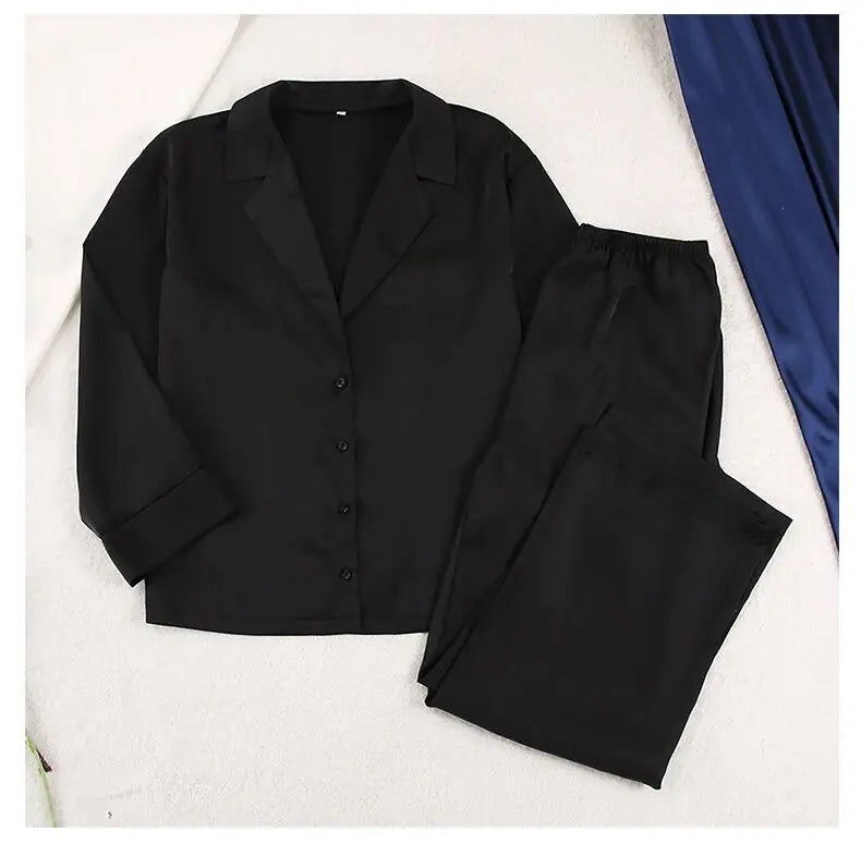 2026 Sexy Low Cut Pajama Sets for Women Loose Casual Long Sleeve Trouser Home Wear 2pcs Sets Solid Satin Silk Female Pijama Suit