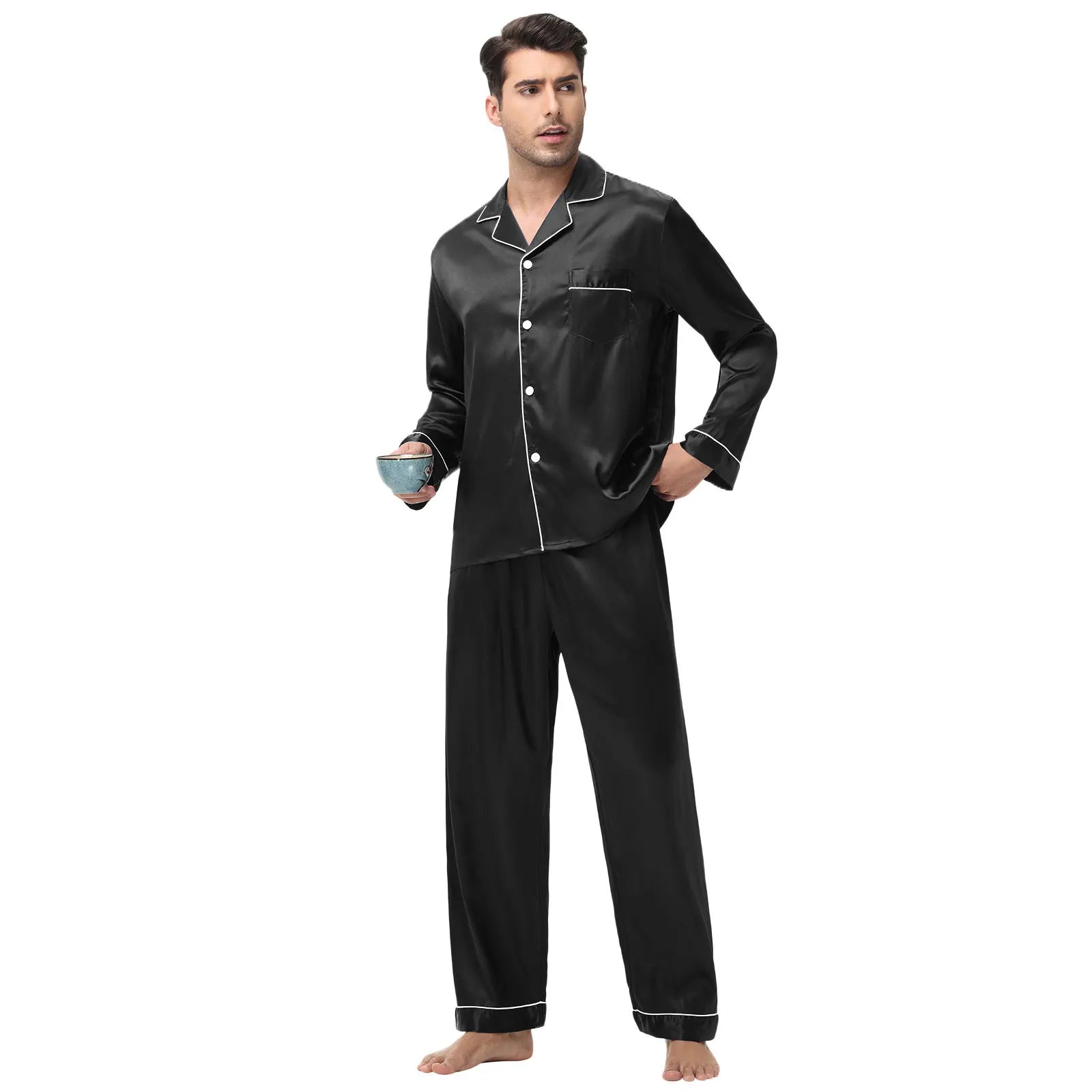Men Pajamas Set Silk Satin Sleepwear for Man Shirt Long Sleeve Pijama Male Fashion Soft Loungewear S-2XL Size Spring Nightwear
