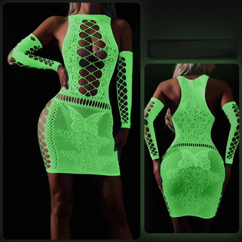 Sexy Hollow Out Luminous Bodysuit Sexy Lingerie See Through One-piece Luminous Suspenders Mesh Clothes Fishnet Socks Dress