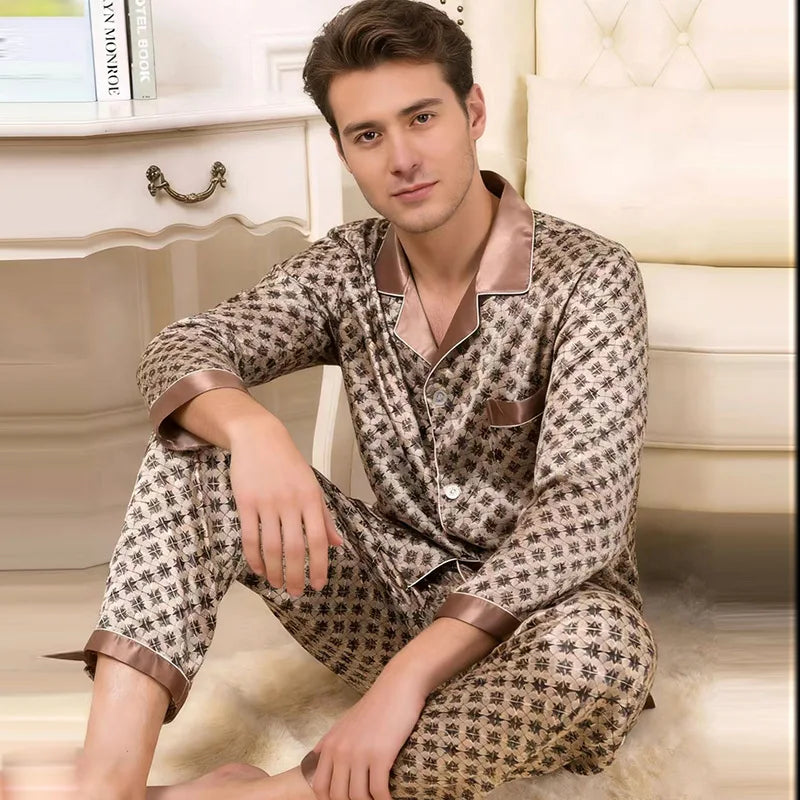 2PCS Men's Geometric Print Pajama Set Loungewear Spring New Thin Polyester Ice Silk Sleepwear Plus Size Homewear Pijamas Suit
