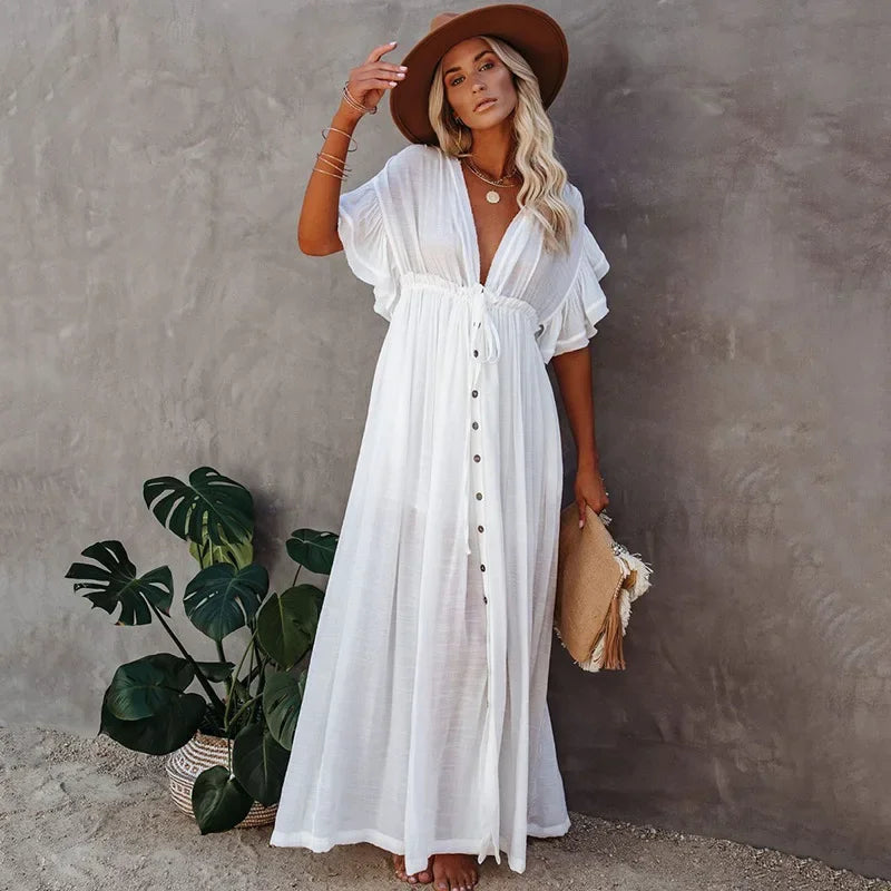 Women's Beach Cover Ups Button Down Sunscreen Bikini Swimwears Vacation Bamboo Maxi Sundress Oversized Bathing Suit Cover Ups