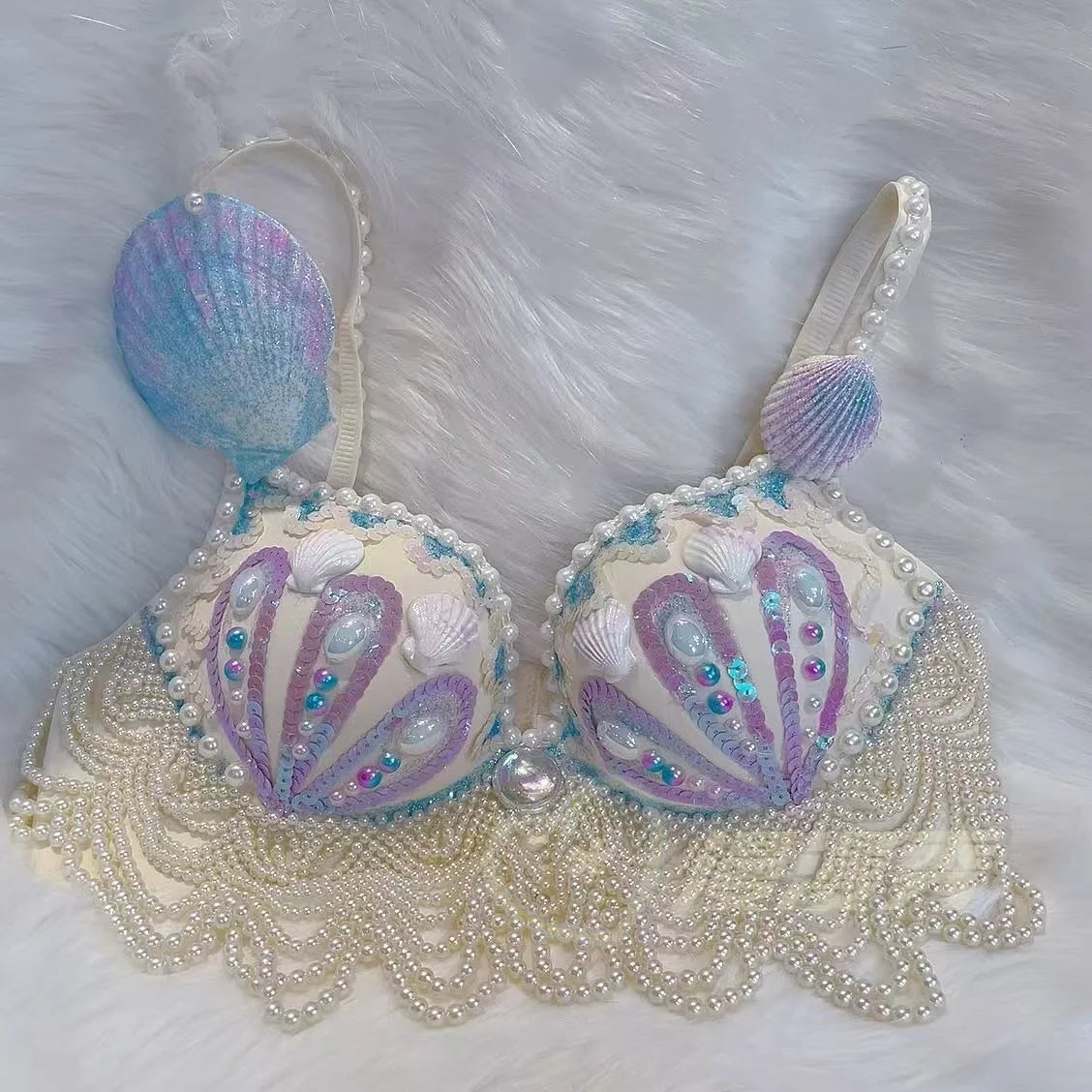 customized sparkling iridescent sequin shell bra pearl chain tassel pool party bra beach vacation pearl jacket belly dance bras