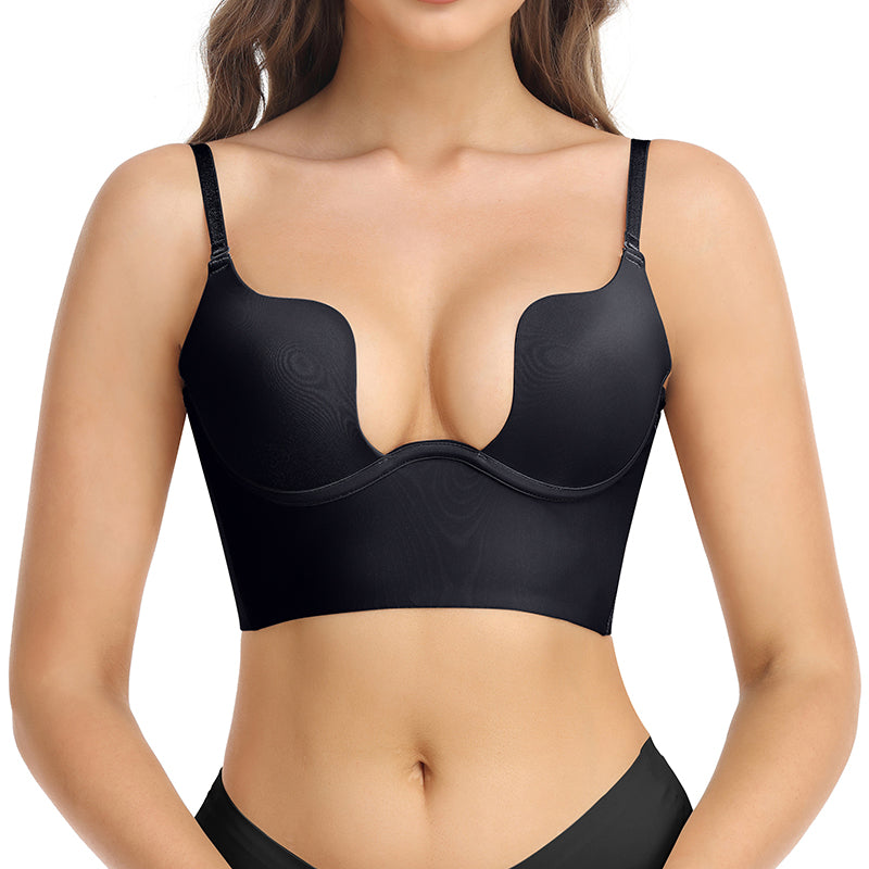 Seam-free Womens Low Cut Plunge Bra Wire Lifting Deep U Shaped Multi-Way Push Up Convertible Plunge Backless Sexy Bra