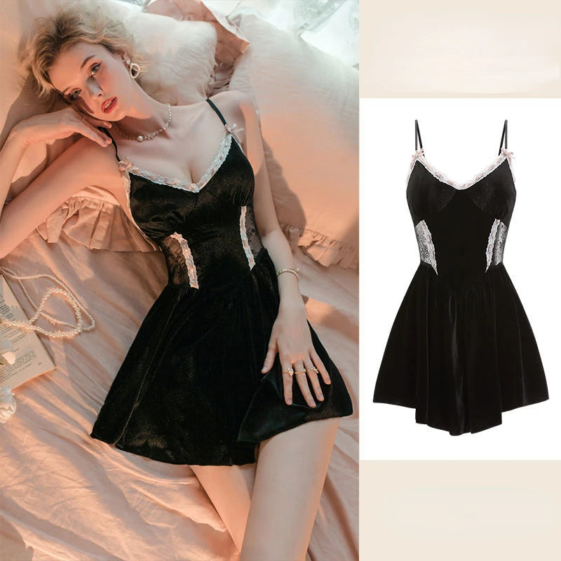 Women Robe Nightwear Lace French Nightgown Sleepwear Hollow out velvet camisole Lingerie Robe 2022 Spring Autumn Set Sexy Sweet