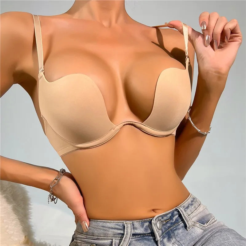 Push Up Bra Backless Women Bras Low Cut Sexy Plunge Brassiere Open Back Wedding Underwear Invisible Seamless Deep U Lingerie