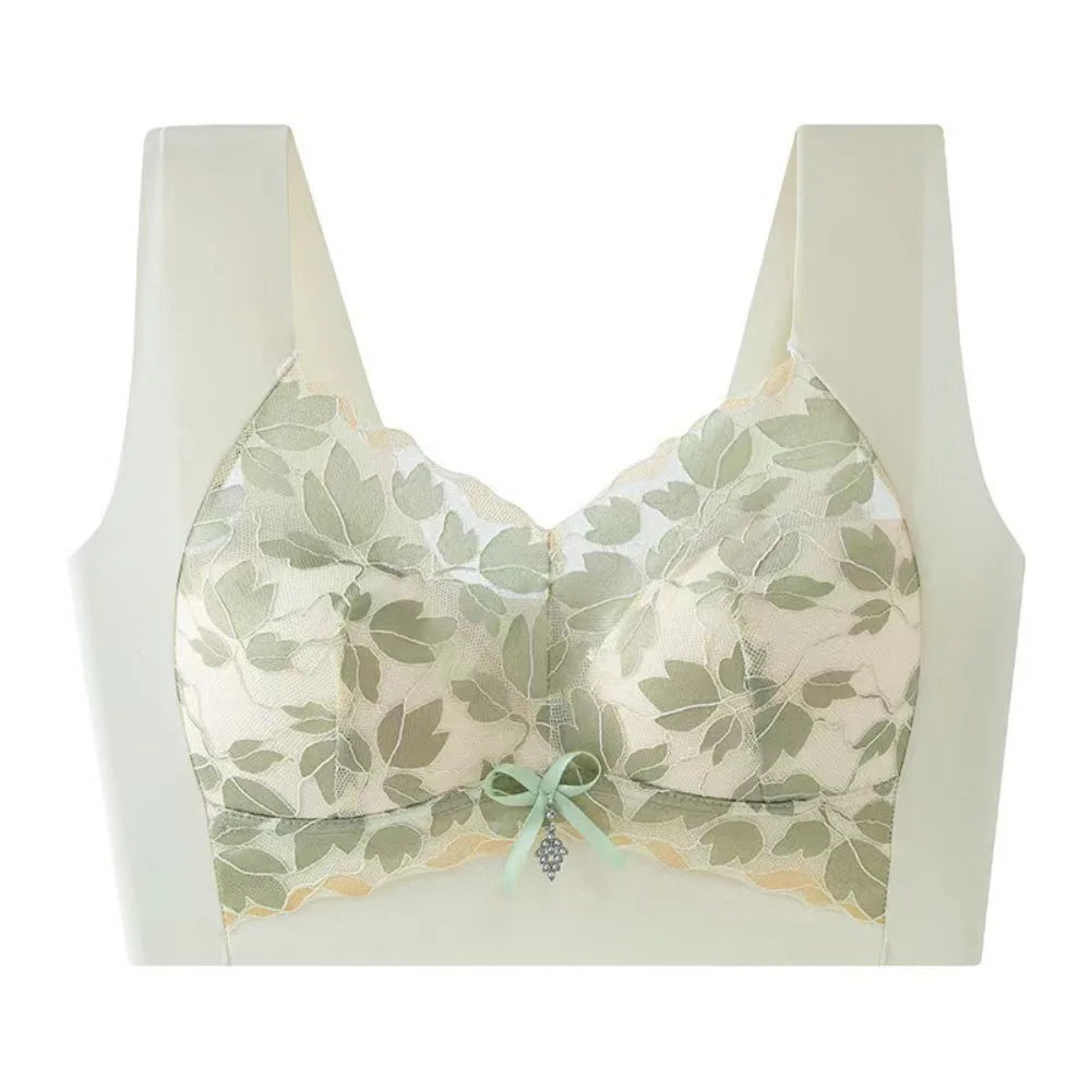 Breathable Leaf Lace Deep V Bras Zircon Bowknot Push Up Bras Big Cup Gathered Breasts Brassiere for Women Girls