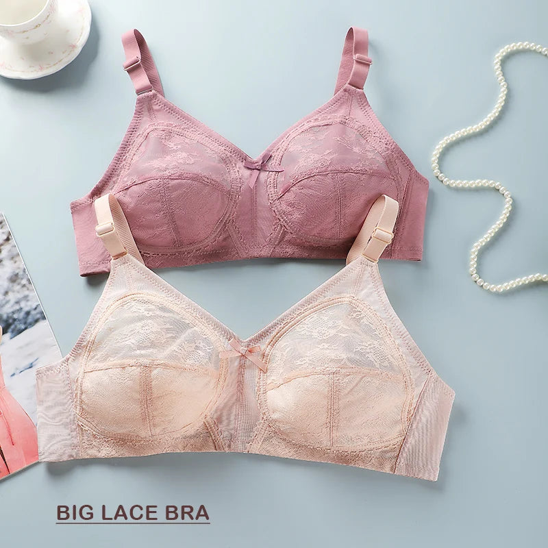 Women's Big Lace Bra Ultra-thin Unlined Transparent Push up Bras Wireless Sexy Fashion Underwear 34-46 Large Bras