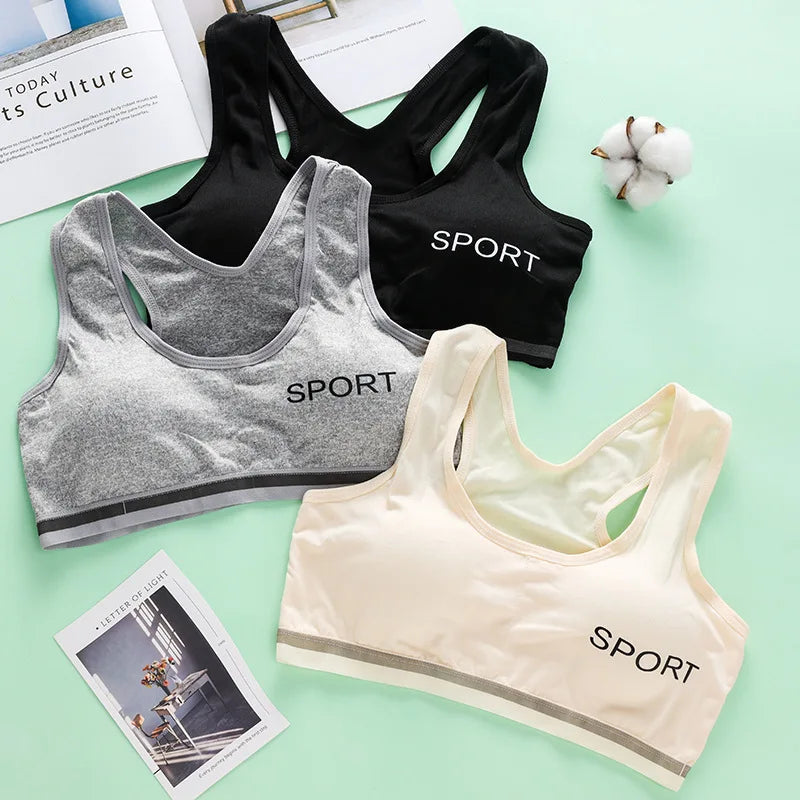 Adolescent Girl Sports Bra Breathable Lightweight Sponge Pad Wide Shoulder Strap Vest Solid Color Simple and Comfortable Bra