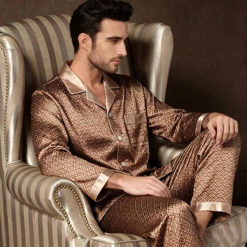 2PCS Men's Geometric Print Pajama Set Loungewear Spring New Thin Polyester Ice Silk Sleepwear Plus Size Homewear Pijamas Suit