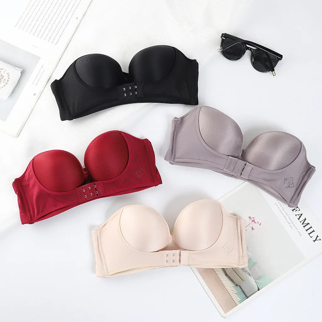 Strapless Non Slip Invisible Bra for Women Front Closure Adjustable Push Up Bra Bralette with Breathable Gather Backless Bra