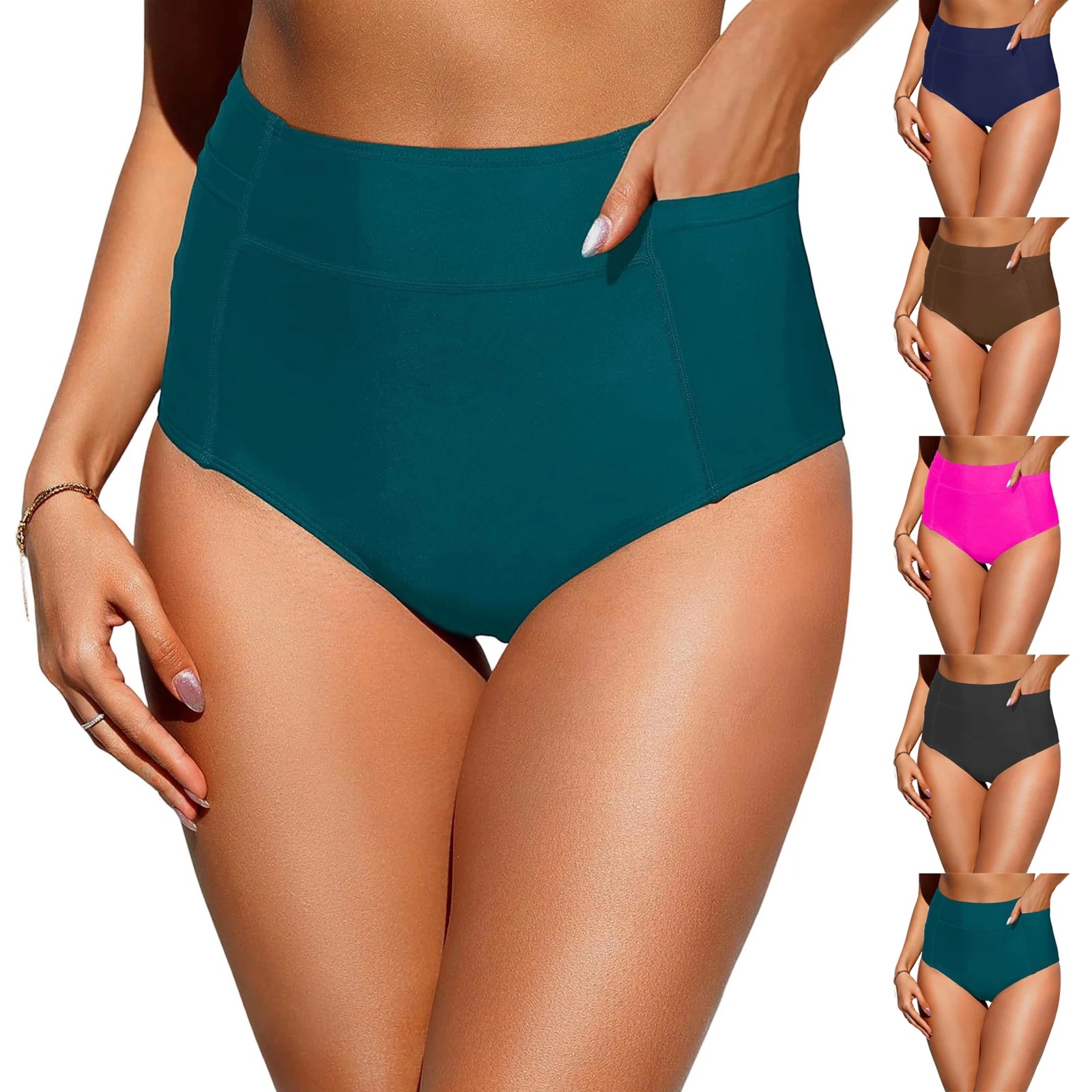 Women's High Waist Swimming Bottoms, Vintage Basic Bikini, Full Coverage Split Swimsuit Briefs, Swimming Trunk with Pockets