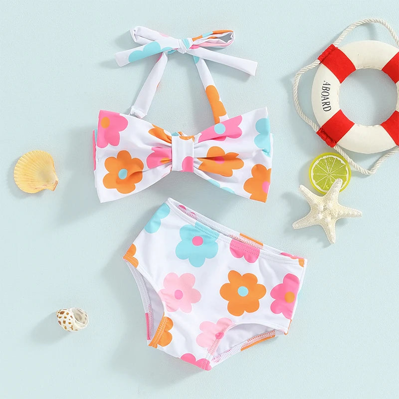 Citgeett Summer Kids Girls Bikini Outfits Set Flower Plaid Print Sleeveless Bow Bikini Tops Shorts Swimsuit Clothes