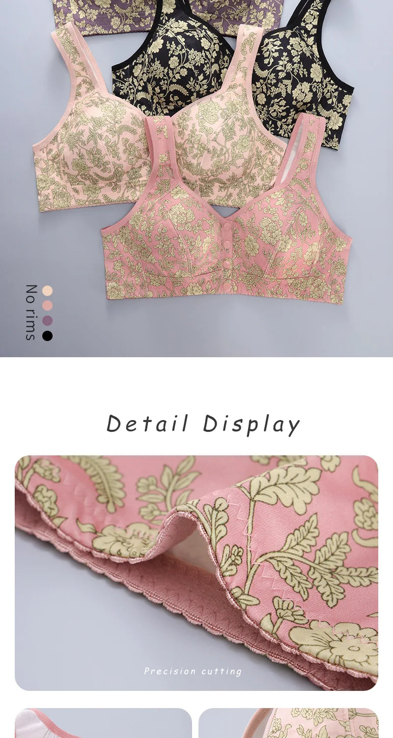 plus Size Front Closure Wireless Floral Print Bra Full Coverage Comfortable Support Bralette for Women Wide Band Everyday Wear