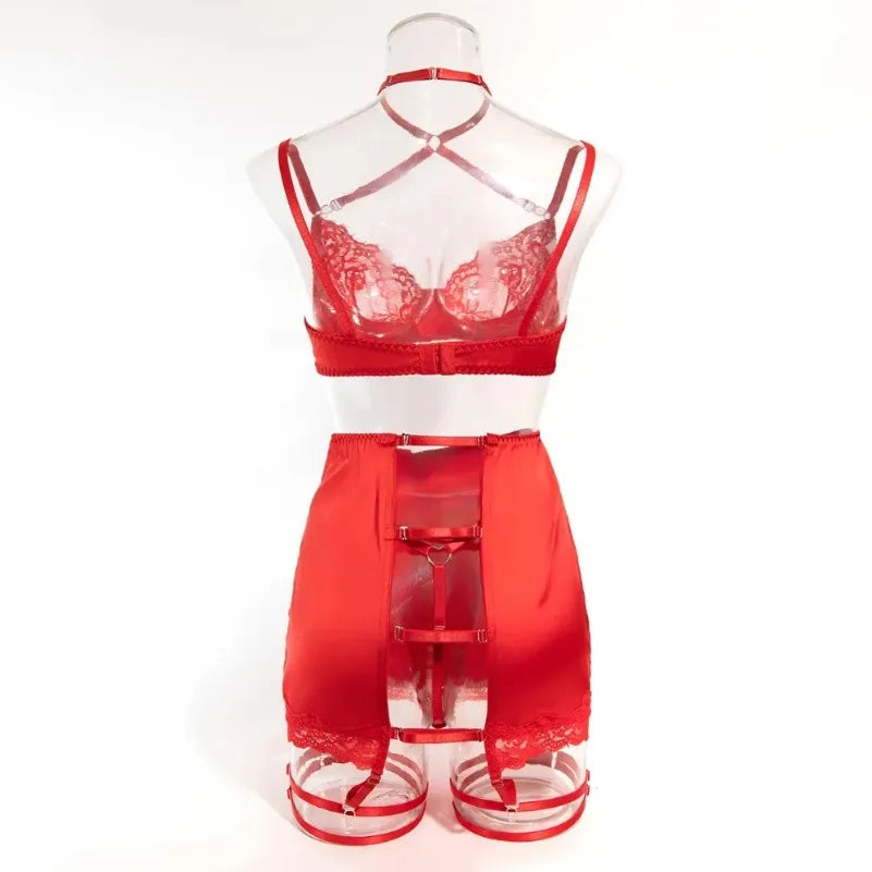 4 Pieces Sexy Lingerie Sets Women Hot Halter Lace Bra and Panty Garters Mini Skirt Set Sissy Erotic Costumes Romantic Underwear