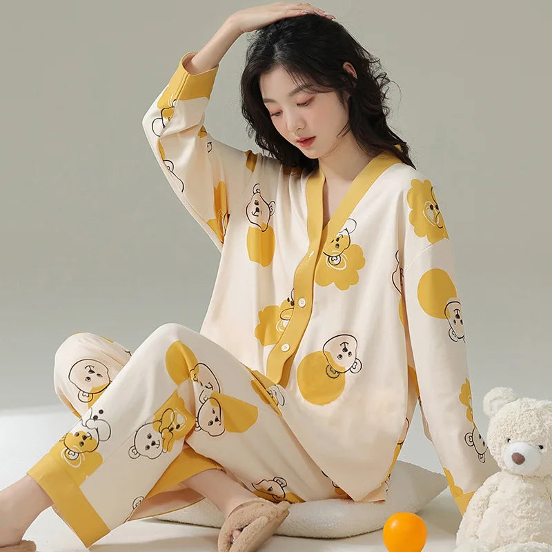 Girls' Four-Season Pajama Set Women's Long-Sleeve Homewear New Casual Outfit for Going Out and Walking Women's Homewear Set