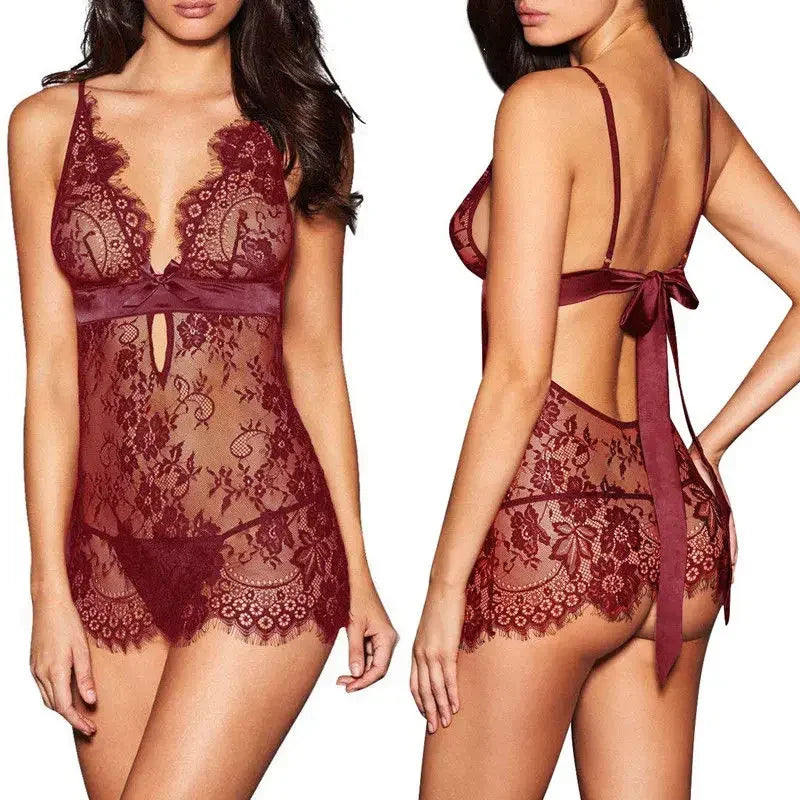 Lace Sexy Babydoll Lingerie Female Dress Backless See Through Nightdress Chemises Women Sleepwear Erotic Underwear