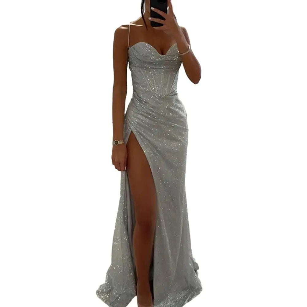 Sexy Women Evening Dress Spaghetti Strap Shiny Sequin Sleeveless Off Shoulder Low-cut High Split Prom Dress Long Party Dress