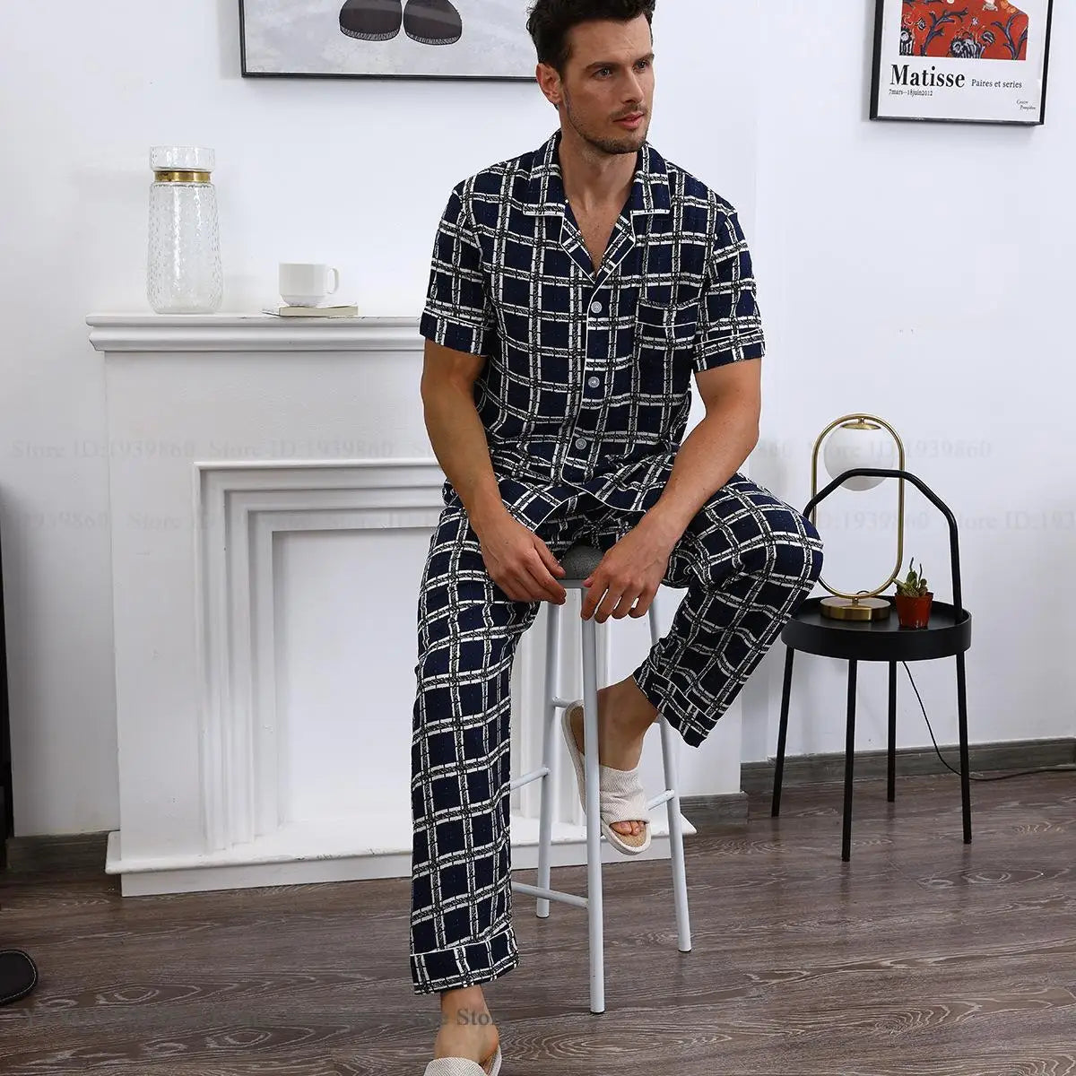 Summer New Cotton Silk Pijama Set Home Clothing Print Plaid Short Sleeve Pajamas Sleepwear Loose Casual Men Nightwear Loungewear