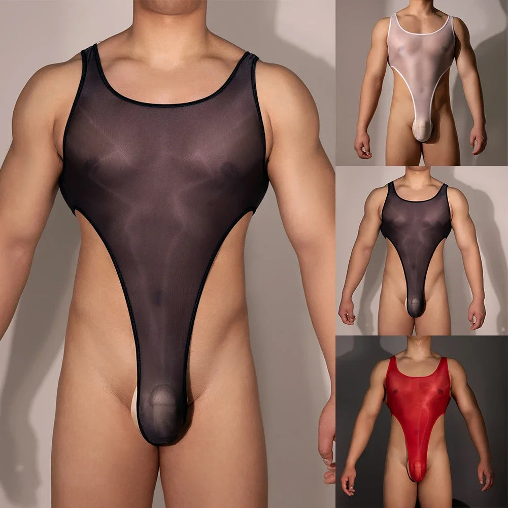 Mens Sexy Lingerie Jumpsuit Oil Shiny Sheer High Cut Bodysuit Stretchy Swimsuit Thong Leotard Swimwear See Through Lingerie 