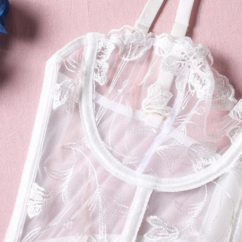 Womens Lingerie Set  White Embroidered Fish-bone Bra Underwear, Thong, Tank Top - A Set of Sexy Lingerie in A Variety of Styles