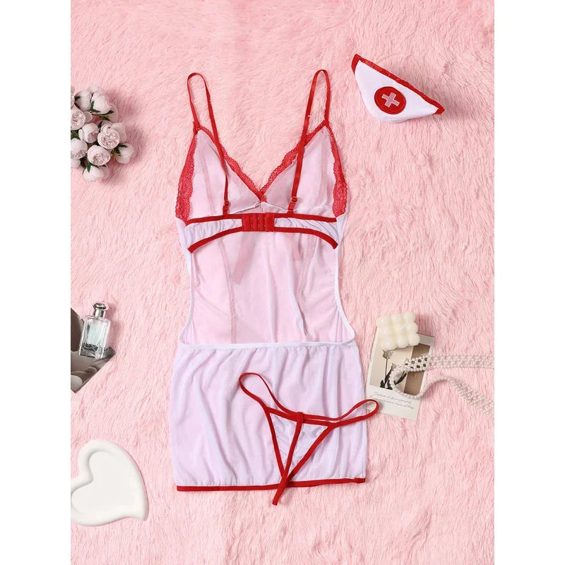 2027 Erotic Nurse Lingerie Set: See-Through Lace Bra, Panty & Garter Costume - Unleash Your Naughty Side