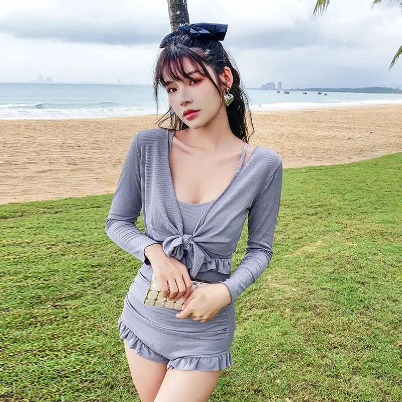 2025 New Swimsuit Women's Belly-covering Slim Swimsuit Conservative Meat-covering Ins One-piece Sexy Long-sleeved Swimsuit Beach