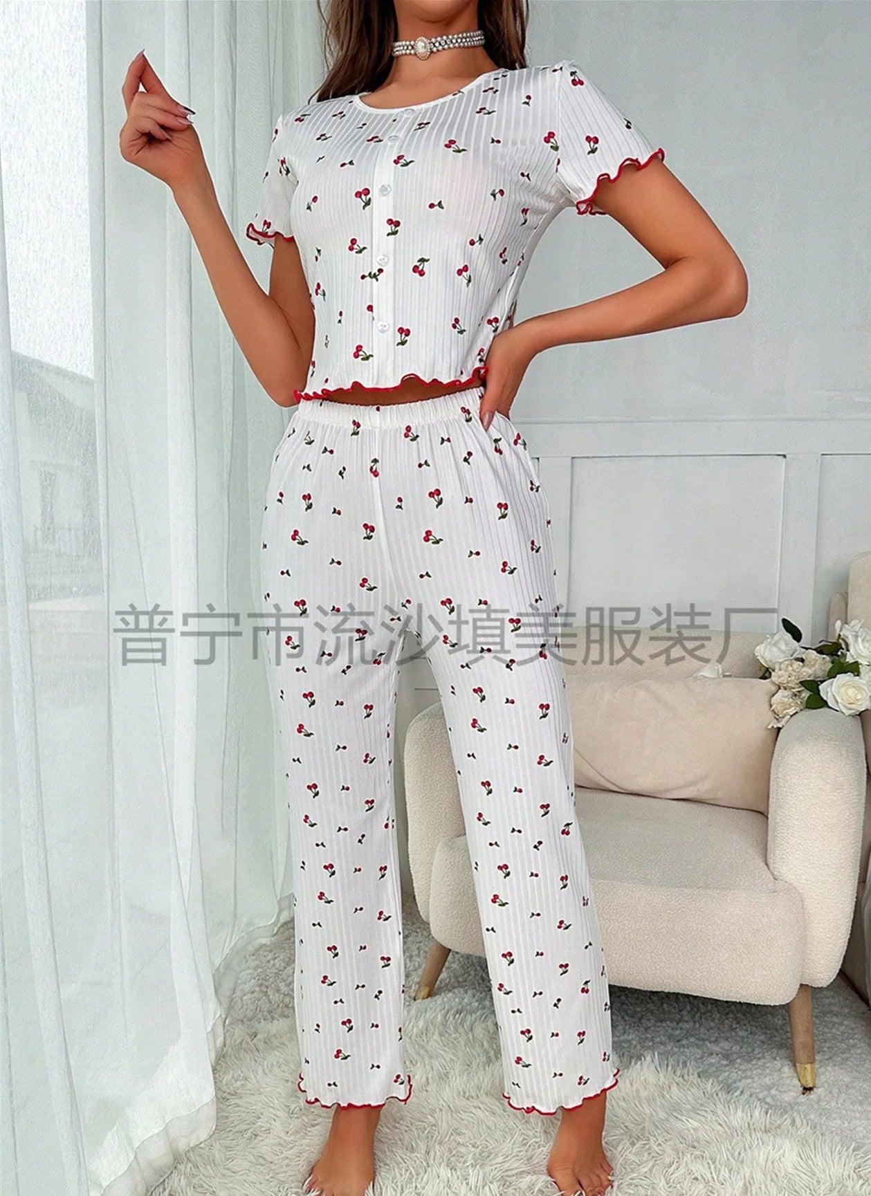 Comfortable pajama set, featuring a Cherry  printed short sleeved top and elastic waistband with lotus edges