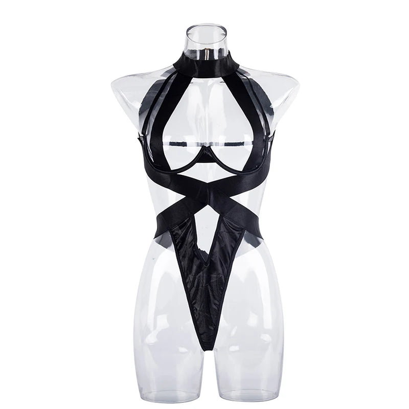 Women Sexy Lingerie Babydoll Dress Porn Underwear Bandage Hanging Neck Hollow Temptation Erotic Costumes Gathered Bra Bodysuits