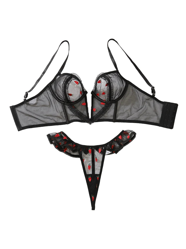 Women's Erotic Lingerie Off Shoulder Tight V-neck Top Transparent Mesh Heart-shaped Printed Lingerie Tight Erotic Two-piece set