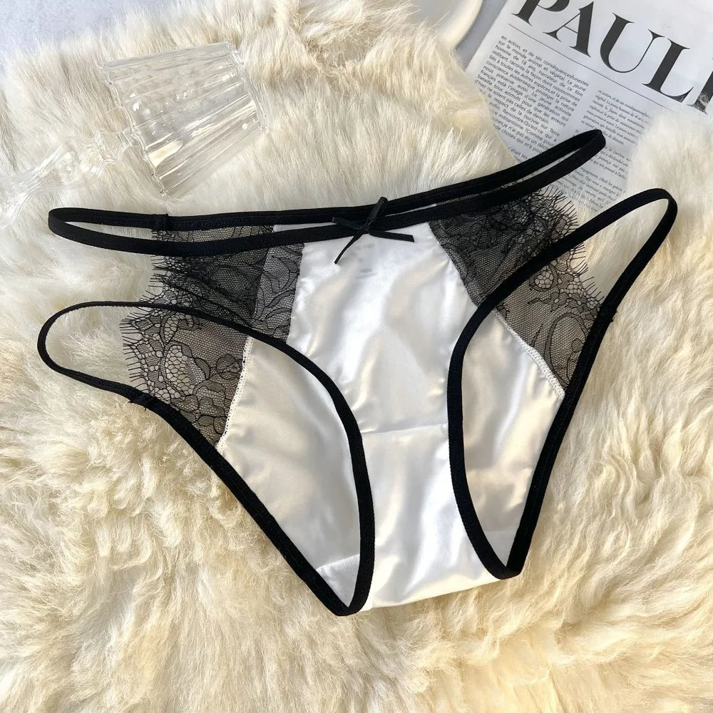 Lingerie Low Waist Underwear for Women Bow Transparent Sweet Lace Panties Hollow Mesh Satin Silk Briefs Girl