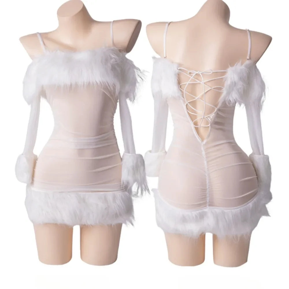 Sexy Lingerie See-through Plush Dress Women's Off-the-shoulder Mini Dress Lingerie Exotic Strappy Tube Top Camisole Hip Skirt