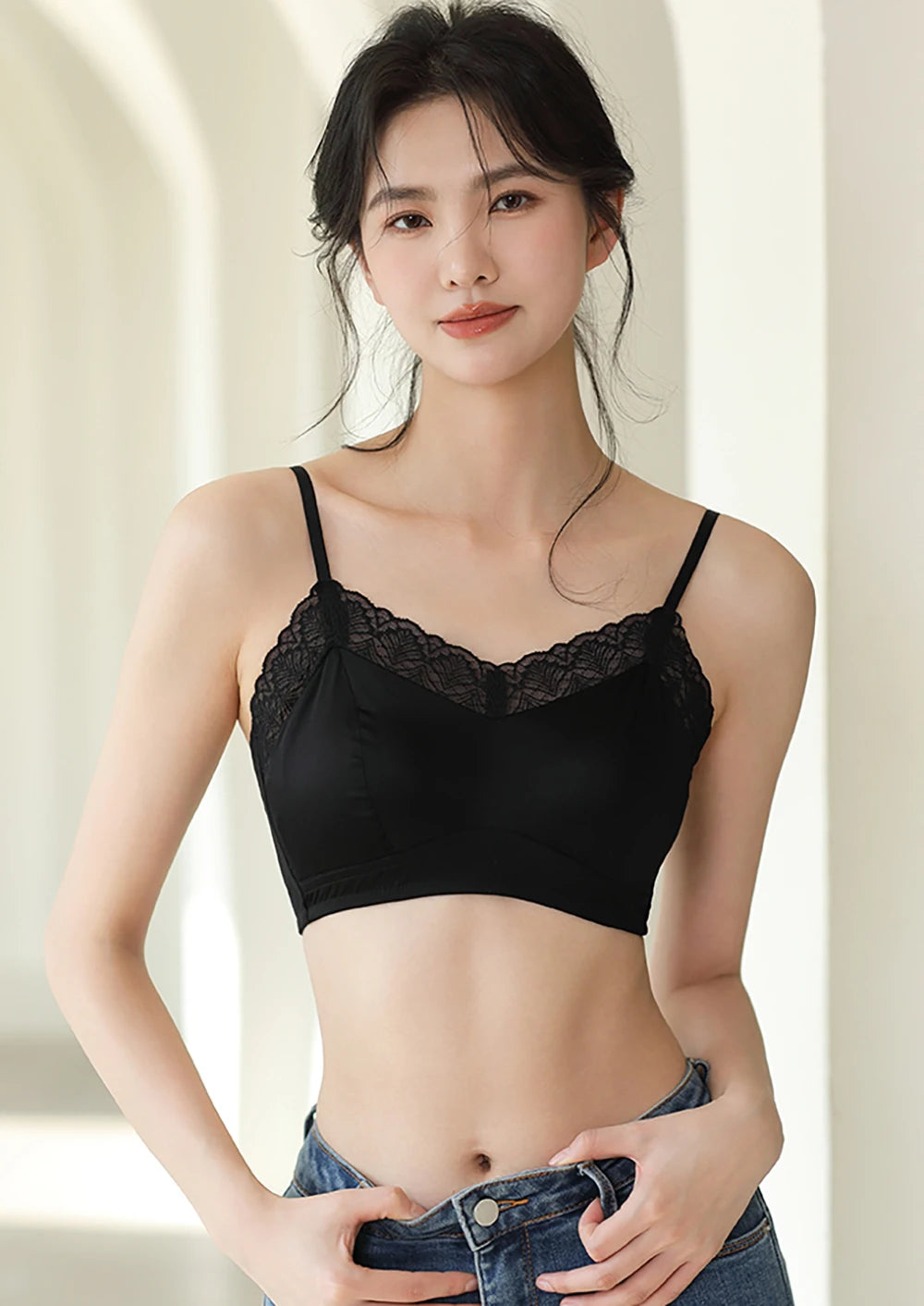 Lace Bralette Bra for Women 19 Momme Mulberry Silk No Underwire Wireless Full Coverage Lightly Lined Adjustable Skinny Strap