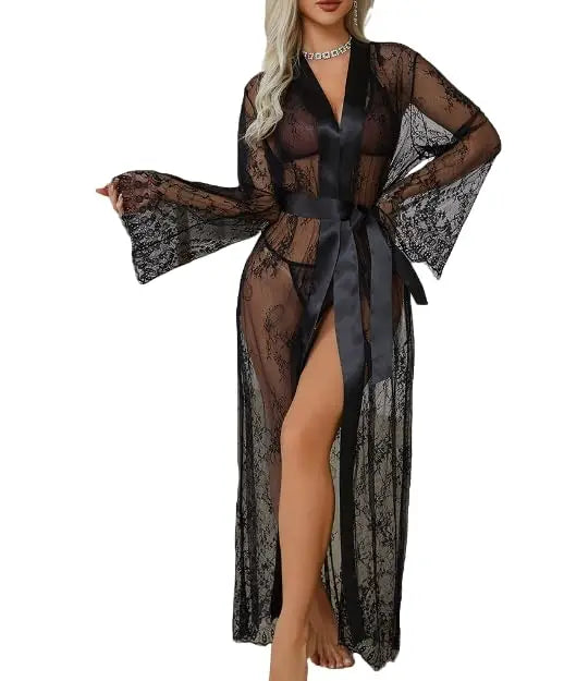 Women's Sexy Sheer Lace Robe Lingerie Long See Through Kimono Lingerie Dress Lace Gown Sleepwear