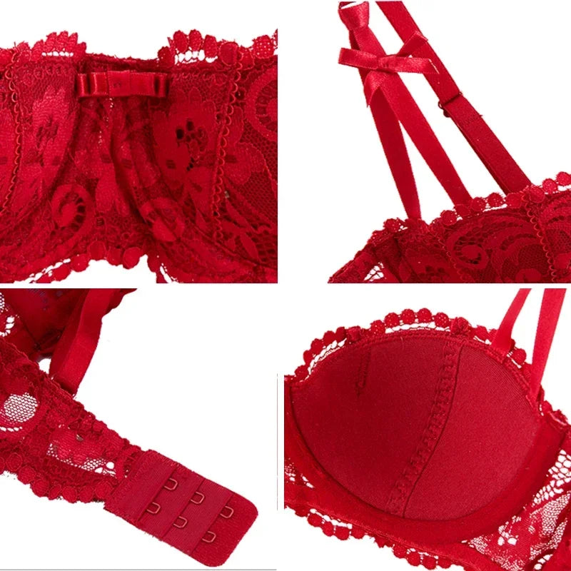 A B Cup Balconette Push Up Bra - Sexy Lingerie Half Cup, Enhance Cleavage, Soft Comfort Fit, Red/Black/White