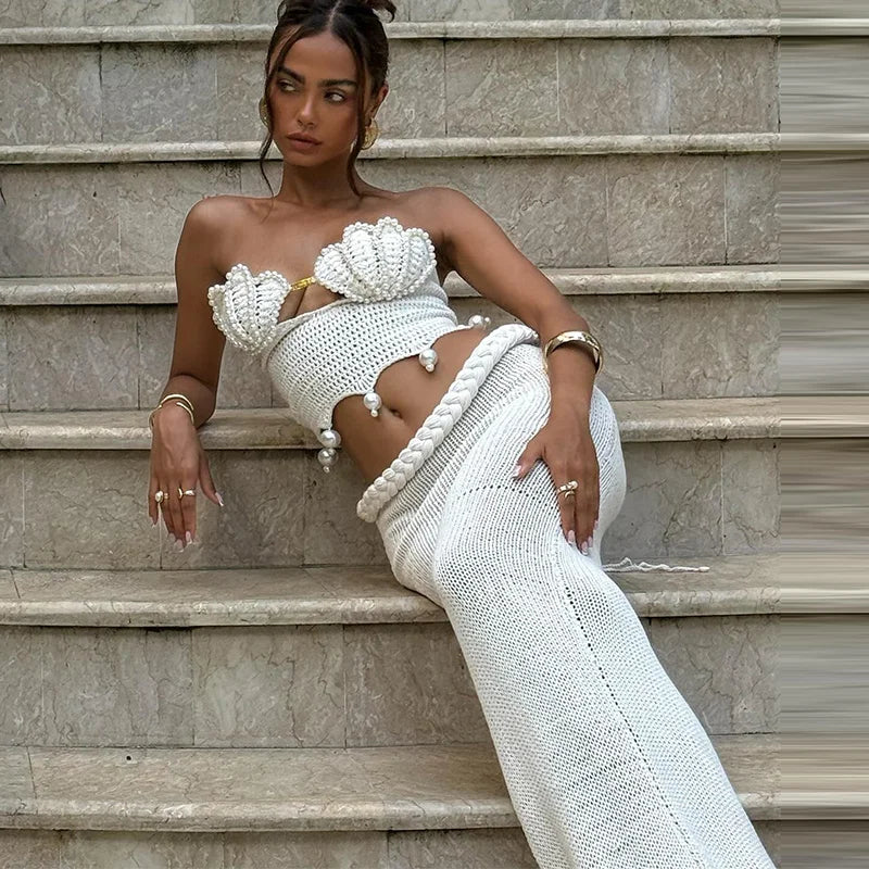 Sexy Crochet Hollow Out Pearl Skirt Set Women White Crop Bikini Tops Slim Hip Package Skirts 2026 Spring Lady Beach Outfits New