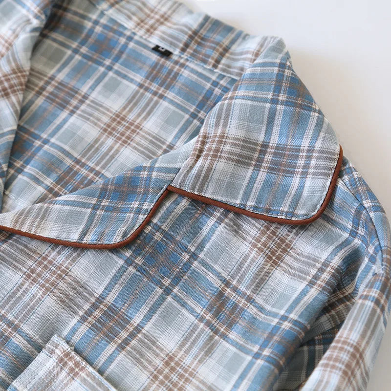 2026 Japanese New Men's Pajama Set Spring/Summer Checkered Simple Long sleeved Two Piece Set 100%Cotton Cardigan Home Furnishing