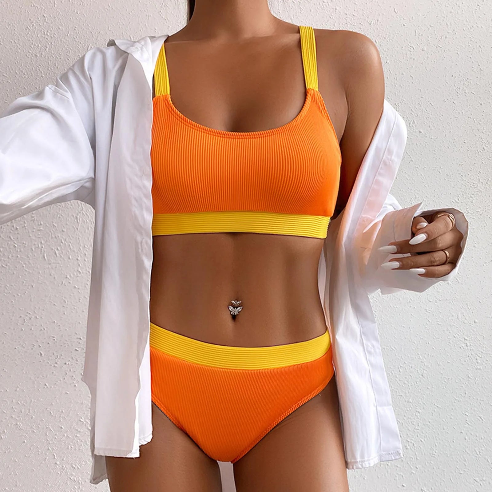 Color Block Swimsuits for Women Crew Neck Ribbed Stripe Bikini Bra High Waist Traceless Breath Comfty Fashion Bikinis Shorts