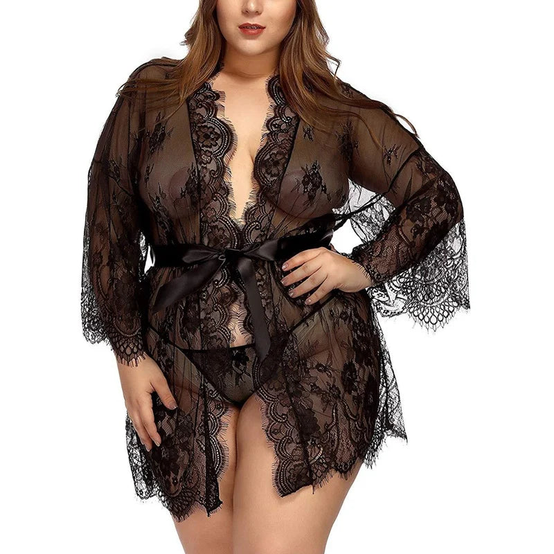 Sexy Women Lingerie Lace Night Dress Sleepwear Nightgown Bandage Deep V G-String See Through Sexy Sheer Sleep Dress Robe